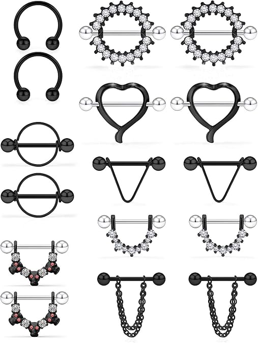 SCERRING 14G Nipple Rings Stainless Steel Nipplerings CZ Heart Tongue Shield Barbell Rings Retainer Body Piercing Jewelry for Women 9/16Inch 8 Pairs