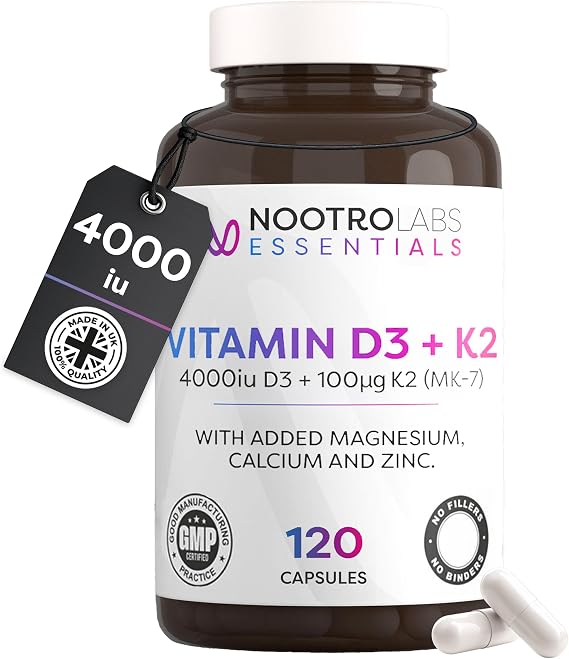 Nootro Labs Essentials Vitamin D3 4000 iu and K2 Capsules, 120 Capsules