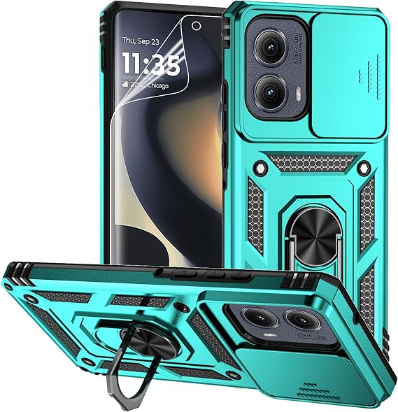 for Motorola Edge 2024 Case with Camera Lens Cover HD Screen Protector, Dual Layer Military-Grade Drop Tested Magnetic Ring Holder Kickstand Protective Phone Case for Motorola Moto Edge 2024 (Mint)