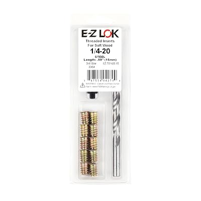 E-Z LOK Threaded Inserts for Wood, Repair Installation Kit, Includes Steel Hex Drive Flanged Thread Inserts, 14-20 Internal Thread, 15mm Length, Drill, Installation Tool