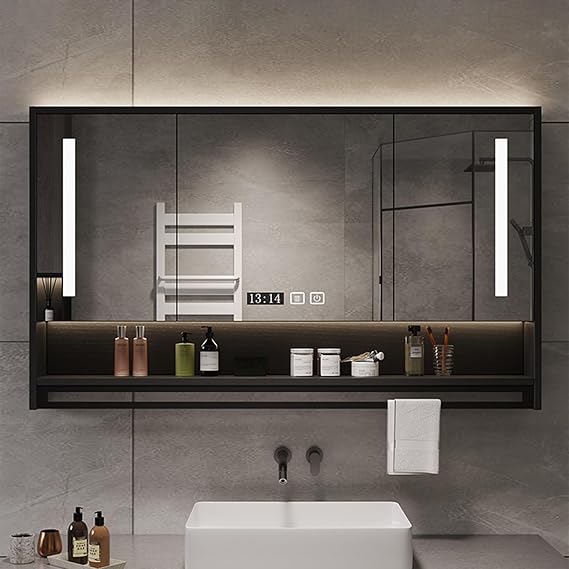LED Bathroom Mirror Cabinet - 3 Doors Wall Mounted with Adjustable Shelves & Towel Rack – Touch Sensor Lighted for Stylish Storage