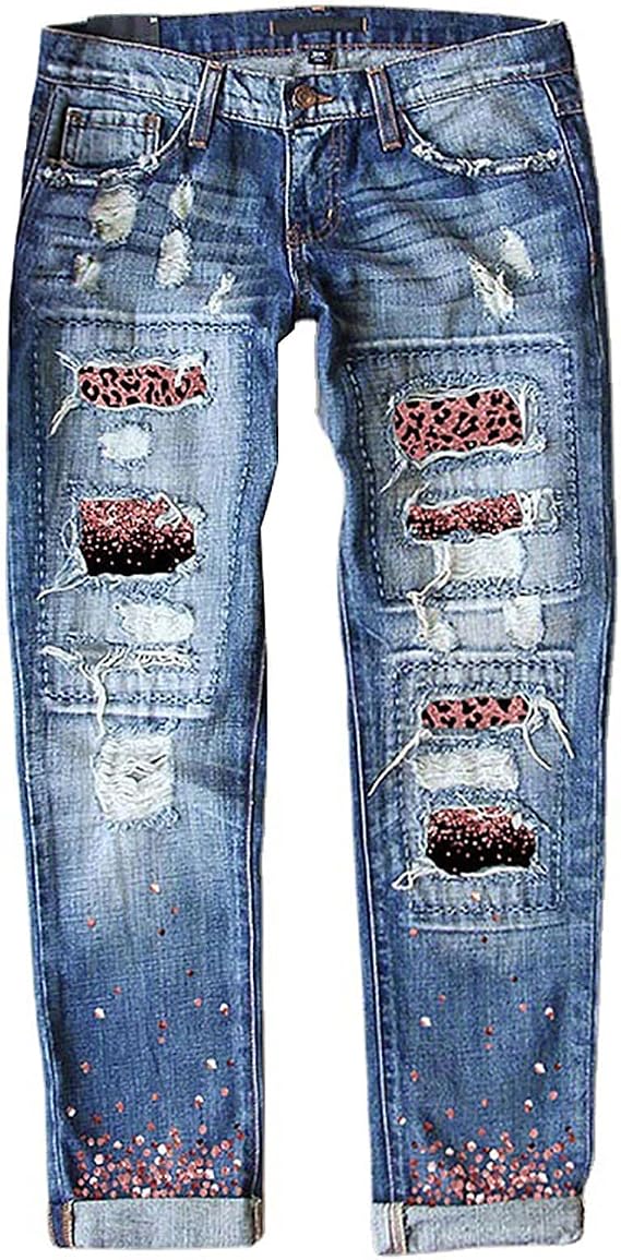 Distressed Boyfriend Jeans for Women with Plaid Patchwork Ripped Design Holes Design Stretch Comfort Skinny Denim Pants