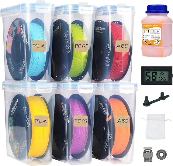 Comgrow 3D Printer Filament Storage Box, 6PCS DIY Filament Container for 3D Printing Sealing and Protection, Portable Storage Box with Desiccants Thermo-Hygrometer and Bearings 4.0L(9.45 * 8 * 3in)