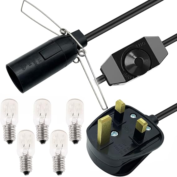 Salt Lamp Cord 1.8m with Dimmer Switch Metal Clip and 5 Free E14 Bulbs, Black Salt Lamp Power Cable Original Replacement Light Fitting Spare, for Himalayan Crystal Salt Rock Lamp - 250V 3-Pin UK Plug