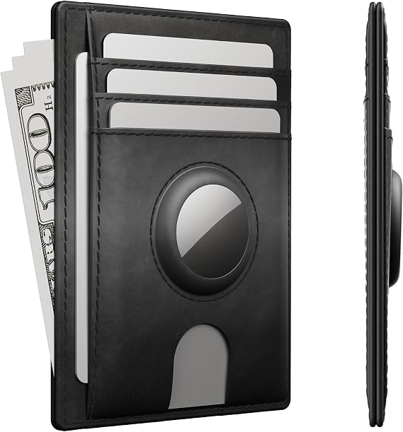 Mens Slim Wallet, Premium Crazy Horse Leather RFID-Blocking Front Pocket Wallet Holder, Black