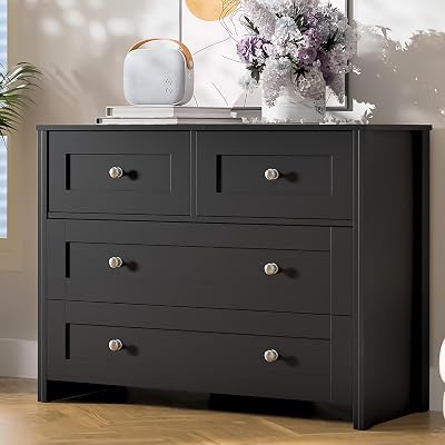 SunsGrove 40 inch Wide 4 Drawer Dresser, Modern Black Wooden Chest for Home Organization, Storage Cabinet for Bedroom, Living Room, Home Office