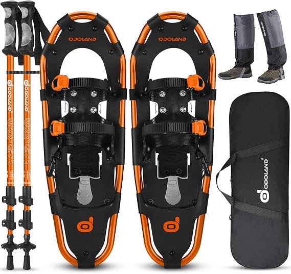Odoland 21/25/30 Inch Snowshoes with Trekking Poles for Men Women Youth, Waterproof Snow Leg Gaiters and Carrying Bag, Lightweight Aluminum, Heel Lift, Snow Shoes Easy to Wear