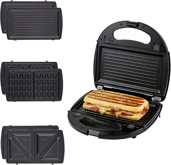 OVENTE 3 in 1 Electric Sandwich Maker, 750W Non-Stick Plates, Black GPI302B
