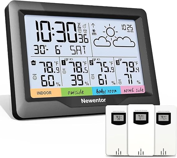 Newentor Weather Station Wireless Indoor Outdoor Battery Powered, Indoor Outdoor Thermometer with Atomic Weather Clock Multiple Sensors, Temperature Humidity Monitor and Barometer for Home, Black