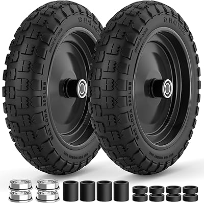 4.00-6 Flat Free Tire and Wheel, 13 Inch Solid Garden Wheelbarrow Tires, 300Lbs with 58 & 34 Axle Hole, 1-3.5 Hub for Garden Cart, Wheelbarrow, Hand Truck, for Home Farm, 2Pcs Black