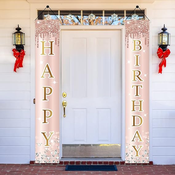 Excelloon Happy Birthday Decorations Door Banner for Girls Women | Pink Rose Gold Sweet 16th 21st 30th 40th 50th 60th Birthday Backdrop Porch Sign Party Supplies Decor for Outdoor Indoor