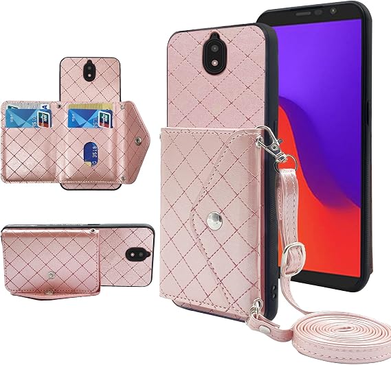 Tracfone BLUビュー2 B130DL対応 ウォレットカバー クロスボディショルダーストラップスタンド付きクレジットカードホルダー ランヤードスロット 携帯電話カバー Blue View2 BLUView Two 4G LTE用 レディース ピンク