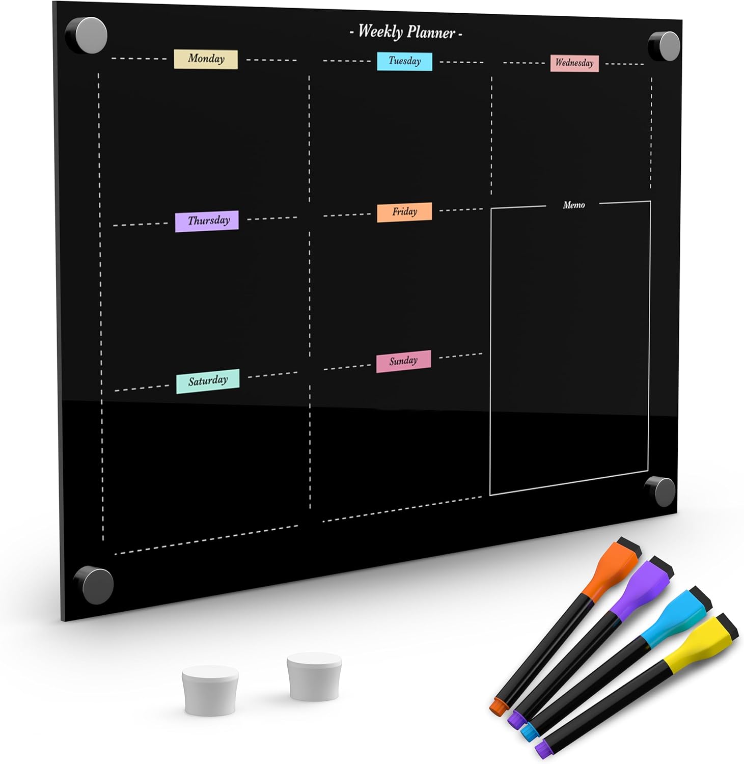 Black Glass Dry Erase Weekly Fridge Planner 12x8. Durable Glass Material not Acrylic