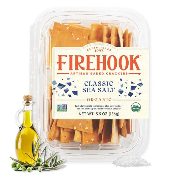 Firehook Sea Salt Crackers Artisan Baked, Uniquely Crunchy, Baked with Simple Ingredients Organic, Non-GMO, Kosher 5.5 oz Box