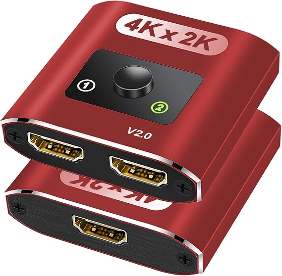 HDMI Switch Splitter 4K@60Hz, Aluminum Bi-Directional HDMI 2.0 Switcher, HDMI Splitter 1 in 2 Out/ 2 in 1 Out, Support 4K 3D HDR for Xbox, PS5/4/3, Fire Stick, Roku, HDTV, Projector, Computer(red)