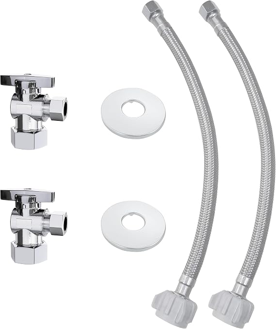 VINTEX 2 Pack Complete Toilet Set Valve,1/2 in. NOM Inlet x 3/8 in. OD Compression Outlet Angle Shut Off Valve,12" Length Long 3/8" COMP x 7/8" BC Toilet Connector Hose and Escutcheon Plate