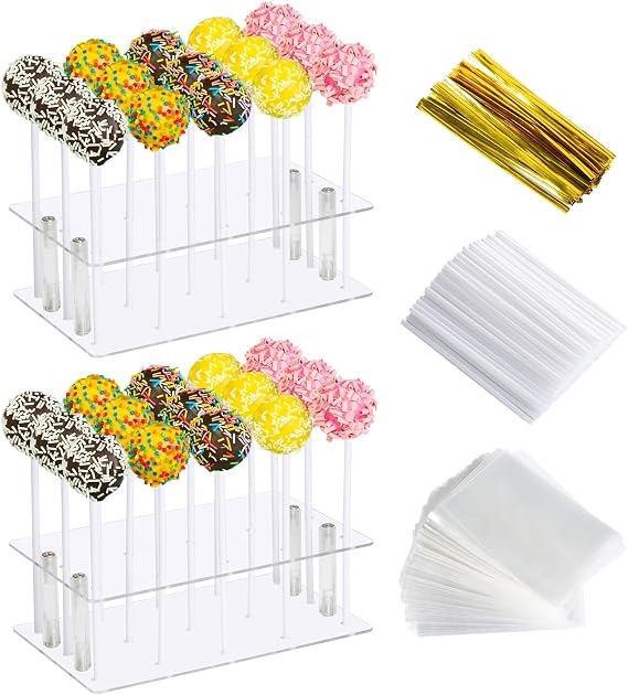 2Pack Cake Pop Stand with Sticks Kit, 15 Holes Acrylic Cake Pops holder | Clear Lollipop Hold Display for Wedding, Birthday, Party with 100PCS Sticks, 100PCS Clear Wrappers, 100PCS Gold Twist Ties