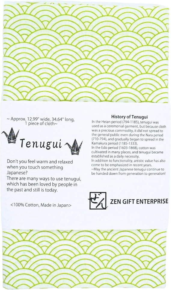 Japanese Tenugui Towel, 34.64"L x 12.99"W, Seigaiha, Green on White | Made in Japan, Fray Prevention Finish, Reusable & Sustainable, Softens with Every Wash, Gift Wrapping, 100% Cotton