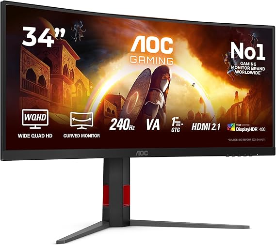 AOC CU34G4Z 34 inch UW-QHD Gaming Monitor Curved, 240Hz, Fast VA Panel, 1ms GtG, HDR400, FreeSync Premium, Height Adjustment, (3440x1440 HDMI 2x 2.1 DP 1x 1.4 USB Hub) Black
