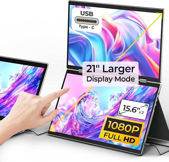 Portable Dual Screen Monitors Only Bottom Touch 15.6 1080 FHD IPS for Win/Linux, Built-in Protective Cover/Stand, 360Rotation and USB-C Triple Screen Laptop Monitor Extender