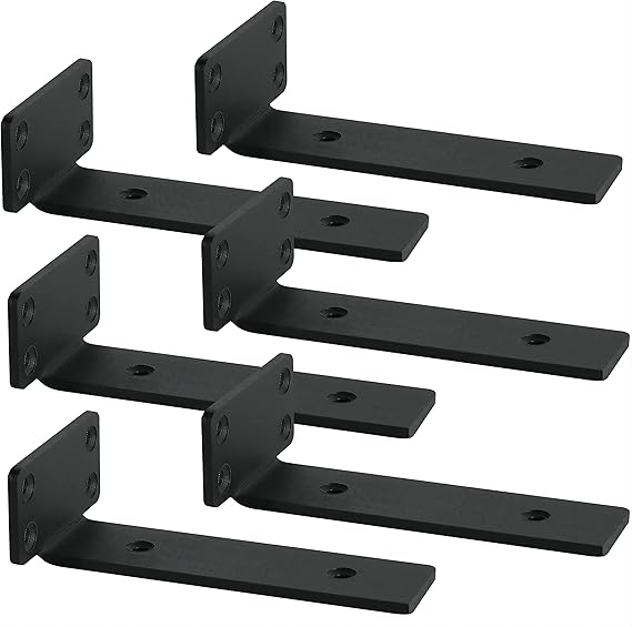 Floating Shelf Brackets, 6 Pcs of 8 inch Heavy Duty Industrial Shelf Bracket, Black Metal L Brackets for Shelves Support DIY(1/5 Inch Thicked)