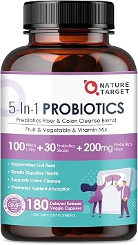 NATURE TARGET Probiotics for Women-Men Digestive Health, Mens-Womens Probiotic with Prebiotics, 100 Billion CFUs for Gut and Immune Health, 180 Veggie Capsules 90 Days Supply