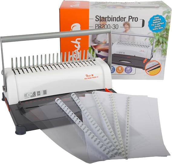 Peach PB200-30A Plastic Binding Device | Star Binder Pro - DIN A4 | Price/Performance Winner | Binds 350 Sheets | Max. 38 mm Binding Spine, 12 Sheets Punching Capacity, incl. Starter Set | Most common binding method, binding device book binder set, book binding machine, PB200-30A