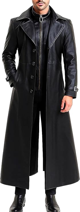 Black Leather Trench Coat Mens - Real & Faux Leather Duster Overcoat - Full Length Mens Winter Jacket