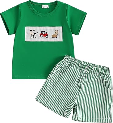 fhutpw Baby Toddler Boy Summer Clothes Embroidery Pattern Short Sleeve Tops & Casual Shorts 6 12 18 Months Outfits Sets