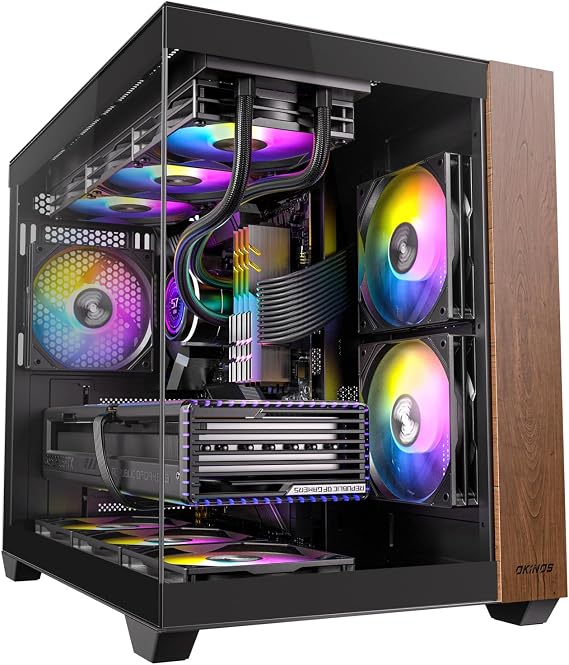Okinos Genuine Walnut Wood PC Case, Pre-Installed 4 x 120mm ARGB & PWM Fans, Type-C Port, Panoramic View Tempered Glass Side Panel, Black, ATX Case, Mid-Tower, Mirage 6