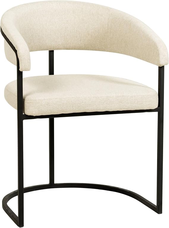 LeisureMod Oatmeal Leather Dining Chair Upholstered Polyester Kitchen Accent Chair with Curved Back Design, Padded Seat, and Powder-Coated Iron Frame