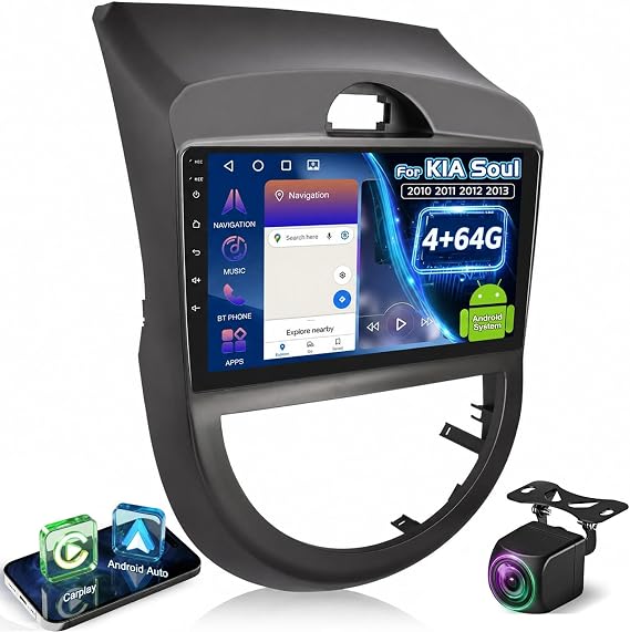 [4+64G] Upgrade Radio for KIA Soul 2010 2011 2012 2013-9 inch IPS Touchscreen Android Soul Stereo - Wireless Carplay and Android Auto, AI DSP, WiFi, GPS, Custom Homepage + AHD Backup Camera
