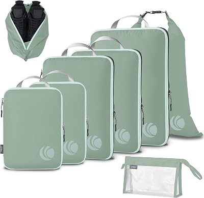 Cipway Compression Packing Cubes, Lightweight Travel Luggage Organizers with Shoe, Toiletry & Laundry Bags, Travel Essentials for Carry-on Suitcase 8 Piece, Sage Green