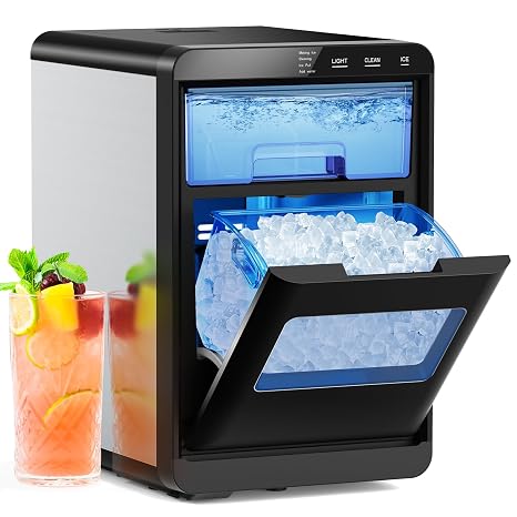 Electactic Nugget Ice Maker Countertop, Chewable Pellet Ice Machine with Handle, 44lbs Per Day Portable Ice Makers, Auto-Cleaning Ice Machine with Basket and Scoop for Home/Party/RV/Camping (Silver)
