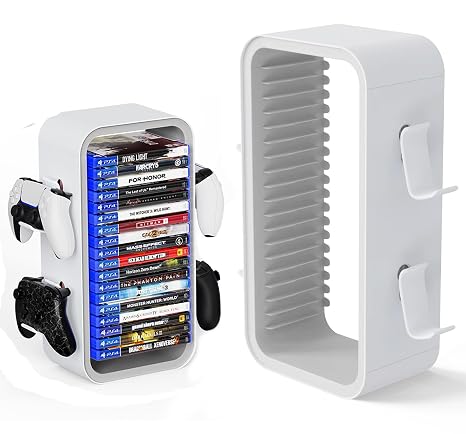 wigmoa OYO-1 game Storage Tower Compatible with PS5/ Xbox Series S & X/Switch, Universal Video Games Discs Organizers 18 PCS with 4 Controllers Holder, Game Disk Box Stand
