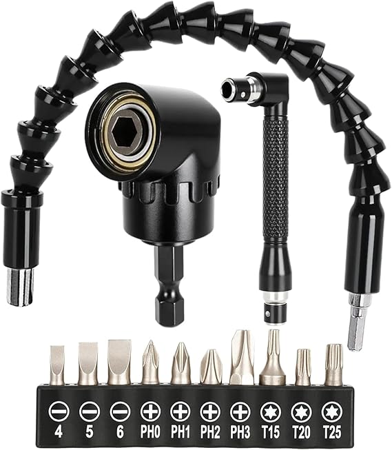 13 Pcs Flexible Drill Bit Extension Set 105° Right Angle Drill Attachment | 11.8 inch Bendable Flexible Drill Bit Extension,90° Right Angle Screwdriver and 10Pcs Screwdriver Bit Set