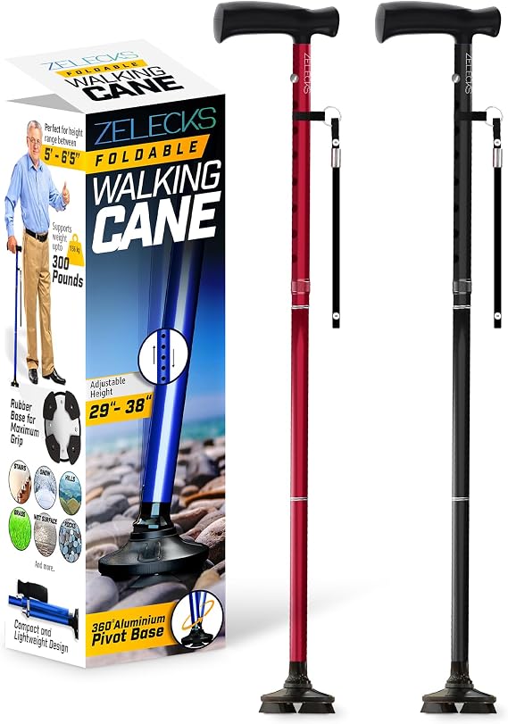 Walking Cane for Women & Men - Self Standing Adjustable Folding Cane with T Handle and 360 Pivot Base - Lightweight Foldable Walking Stick for Seniors - Collapsible Cane for Walking