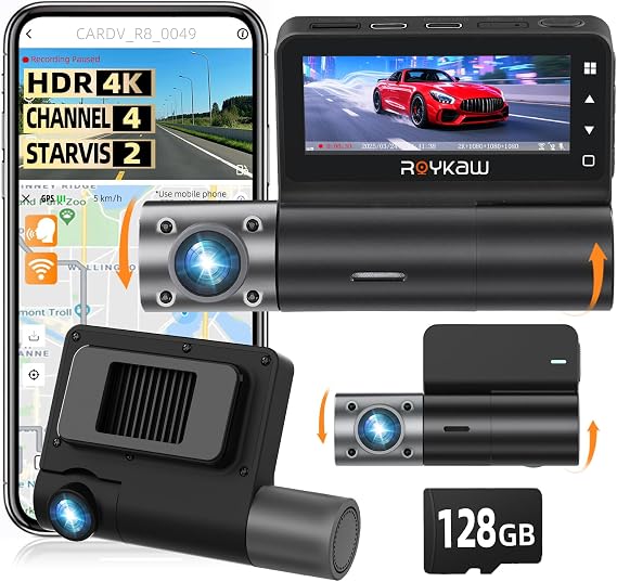 4K Dash Cam Front and Rear, 4K+1080P*3 Dash Camera for Cars,STARVIS 2 Sensor, Include 128GB SD Card,24 Hrs Parking Mode, 5G WiFi, GPS, Voice Control, Loop Recording, 512GB Support, APP Control