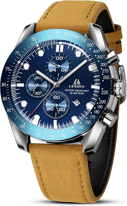 LN LENQIN Mens Watches Leather Watch Luminous Analog Quartz Watch for Men