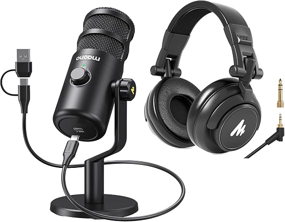 MAONO USB Dynamic Microphone, Podcast Recording Mic with Gain Knob, Plug & Play, Metal Structure, Voice-Isolating Technology, Cardioid Studio PC Mic for Streaming, Vocal Mic with Studio Headphone