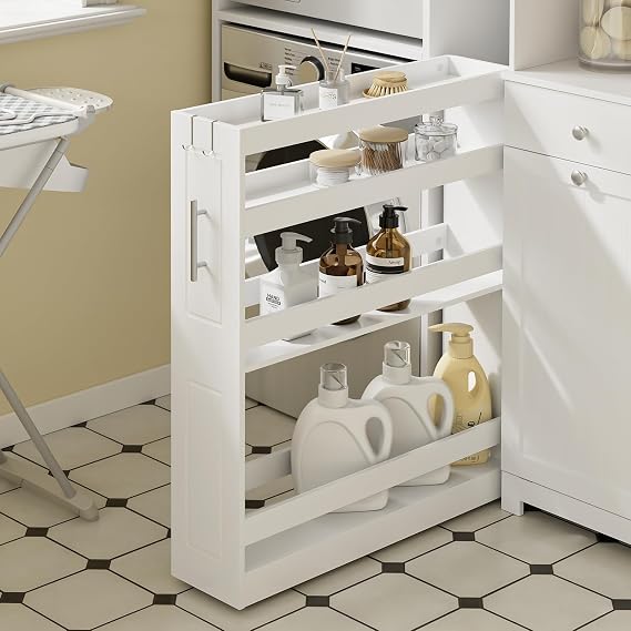 SoBuy 4 Tier Slim Rolling Storage Cart for Laundry Room Organization, Narrow Utility Cart with Wheels for Washer or Dryer Gap, Slim Storage Shelf for Kitchen or Bathroom, White BZR226-W