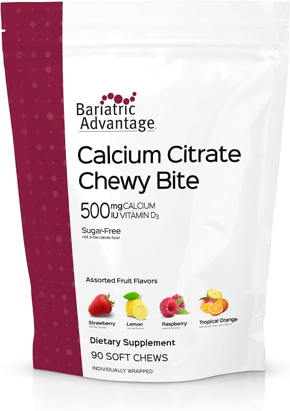 Bariatric Advantage Calcium Citrate Chewy Bites, Assorted Fruit, 90 Ct | 500 mg Calcium Citrate, Highly Absorbable and Digestible, with Vitamin D3, Easily Chewable Calcium Supplement