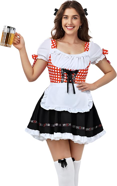 SOMSOC Women's Oktoberfest Costume German Bavarian Costume Outfit Dirndl Dress Bow Hair Ties for Oktoberfest Halloween Party
