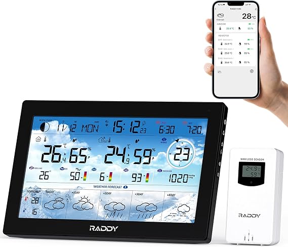 Raddy N90 Wi-Fi Weather Station, 8.8 Inch Smart App Display | Wireless indoor outdoor sensor, temp & humidity, PM2.5/AQI/UVI, 5-day weather forecast