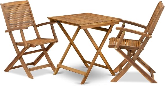 East West Furniture SEHD3CANA 3 Piece Patio Bistro Sets Wood Table Set Contains a Square Outdoor Acacia Wood Coffee Table and 2 Folding Arm Chairs, 26x26 Inch, Natural Oil