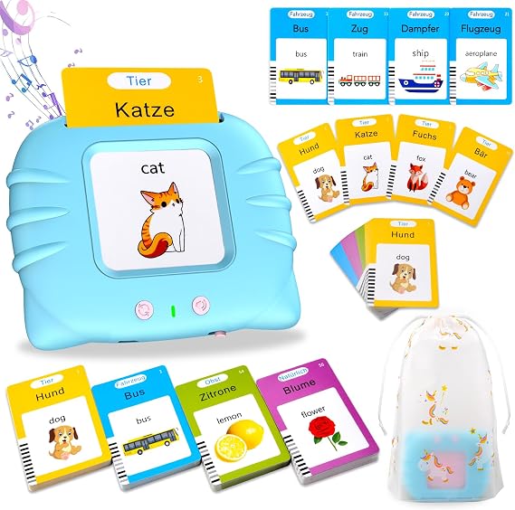 Talking Flash Cards Standard German 112 Sheets 224 Words Talking Flash Cards Educational Toy for Toddlers 2-4 Years Old Interactive Toy for Boys Girls (Blue)