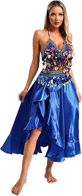 XUNZOO 3-Piece Outfit Womens Belly Dance Performance Dress Sequins Crop Bra Top and Waist Chain Dancing Skirt