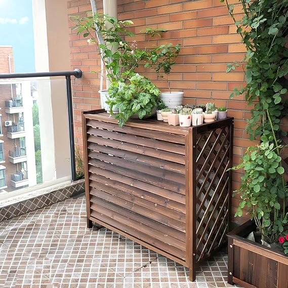 Solid Wood Air Conditioning Cover Decorative Frame for Outside Unit, Retro Brown Air Conditioner Privacy Screen Plant Flower Stand Display for Balcony(Medium-100x43x94cm)