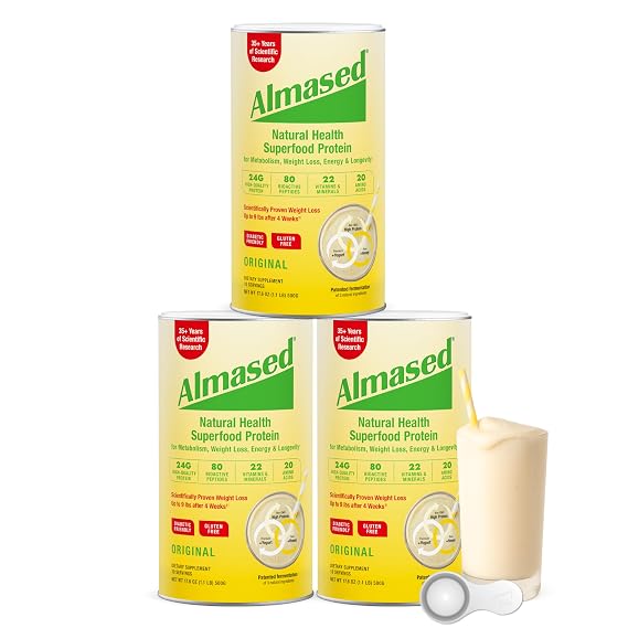 Almased Protein Powder for Weight Loss Kit for Men & Women, Natural Meal Replacement Shake for Weight Loss, Supplement, 24 Grams of Protein Per Serving (Original Flavor, 3 Cans @ 17.6 oz ea + Scoop)