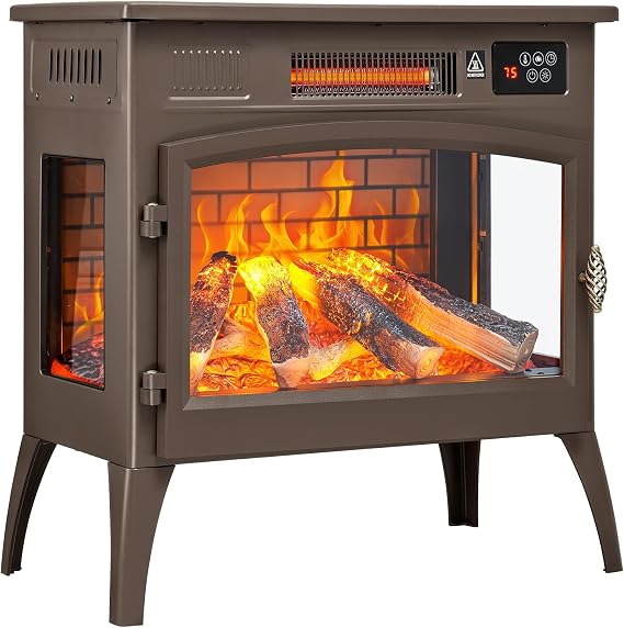 24 Freestanding Electric Fireplace Stove with 3D Flame Effect, Brown